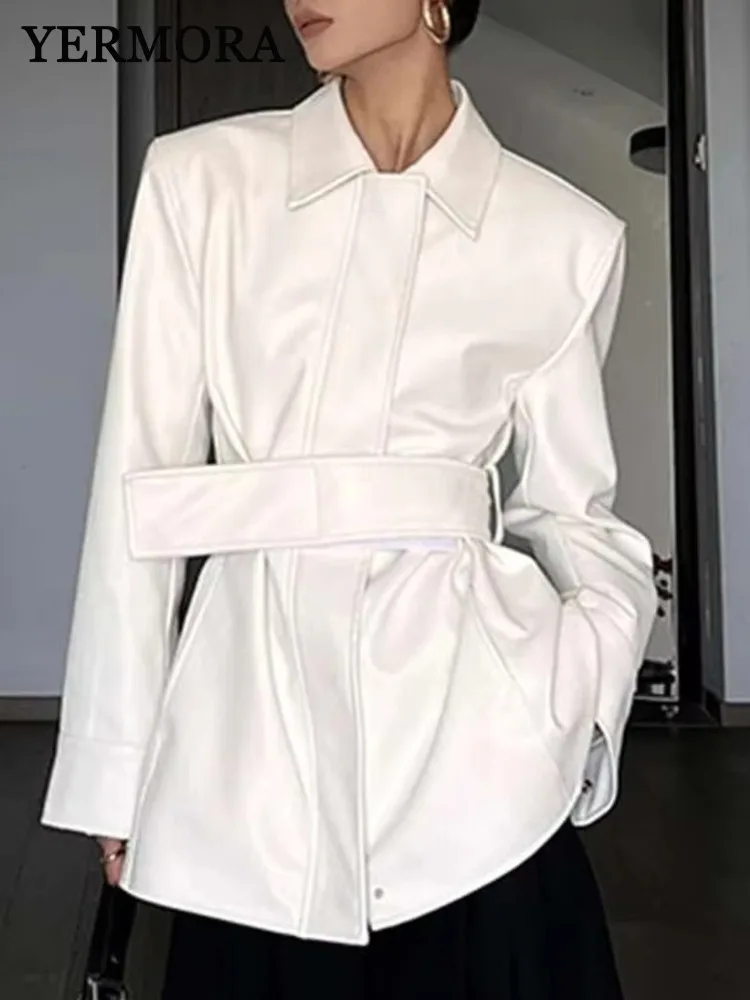 

YERMORA White PU Leather Belt Elegant Jacket For Women Lapel Long Sleeve Women's Coat Fashion Tide Spring Autumn 2025 New A272