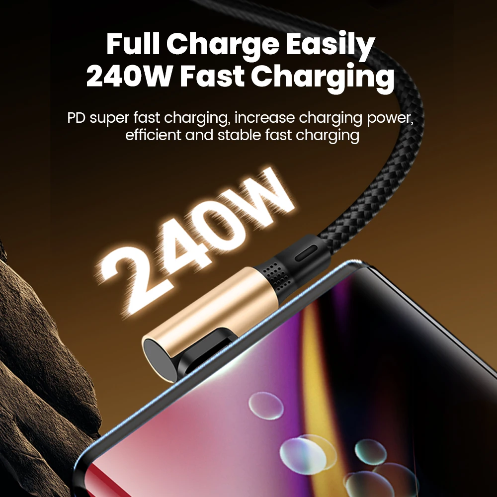 كابل شحن سريع PD 240 وات USB C إلى Type-c 90 °   كابل بيانات الهاتف المحمول ذو الكوع المزدوج لهاتف iPhone15 16 Samsung Type-c إلى Type-c