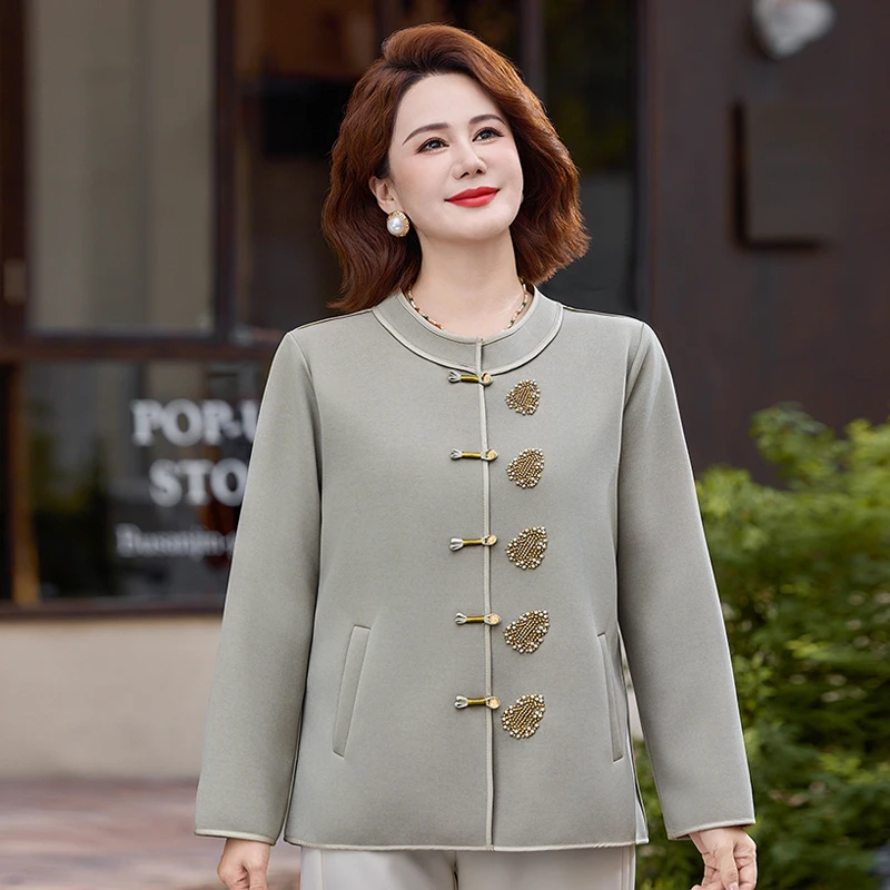 Chinese Style Coats For Women Retro Dial Buckle Jacket Outwear Luxury beads  Long Sleeve Vintage Jackets