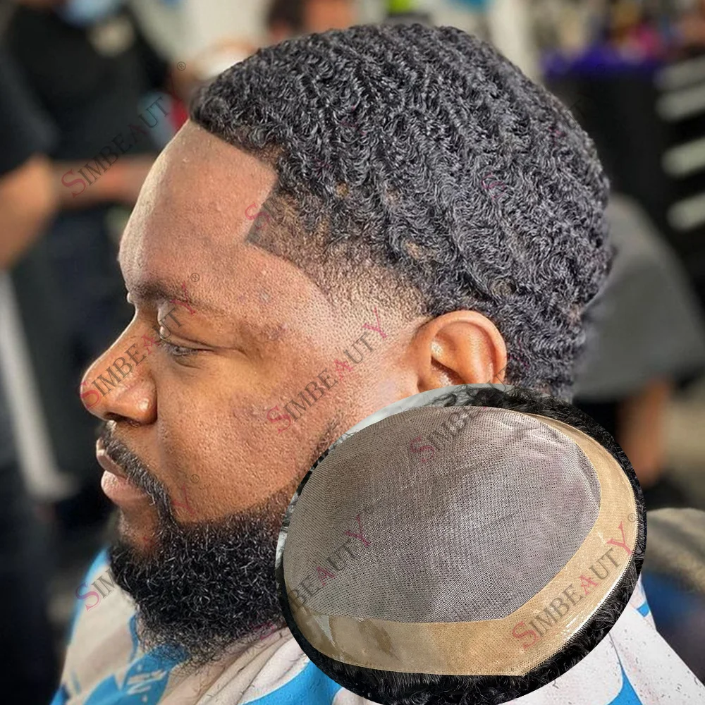 

Мужской парик-накладка 8-12 мм, кудрявый, черный, 100% натуральные человеческие волосы, тонкая моно-основа, естественная линия роста волос, дышащий кружевной фронт, афро-волна