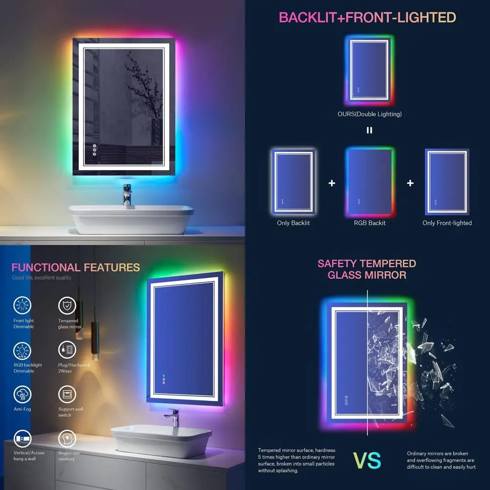 مرآة حمام مثبتة على الحائط LED مقاس 20 × 28 بوصة مع إضاءة أمامية مضادة للضباب وRGB #1