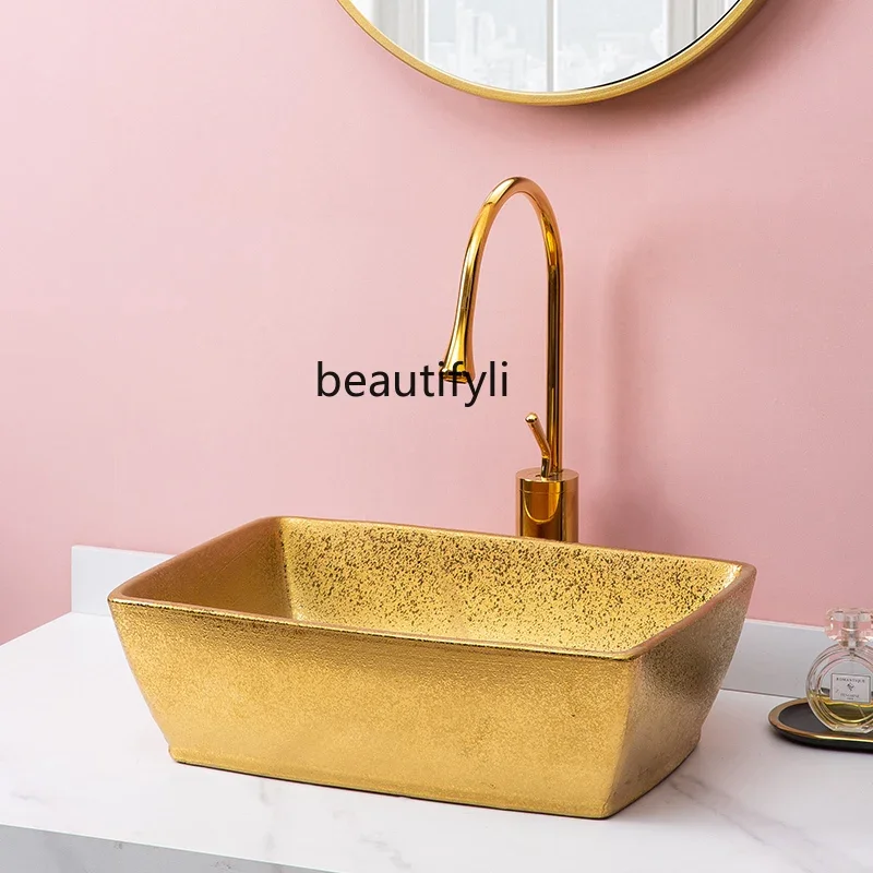 

Golden ceramic wash basin square table single basin local tyrant gold hotel bathroom face wash basin