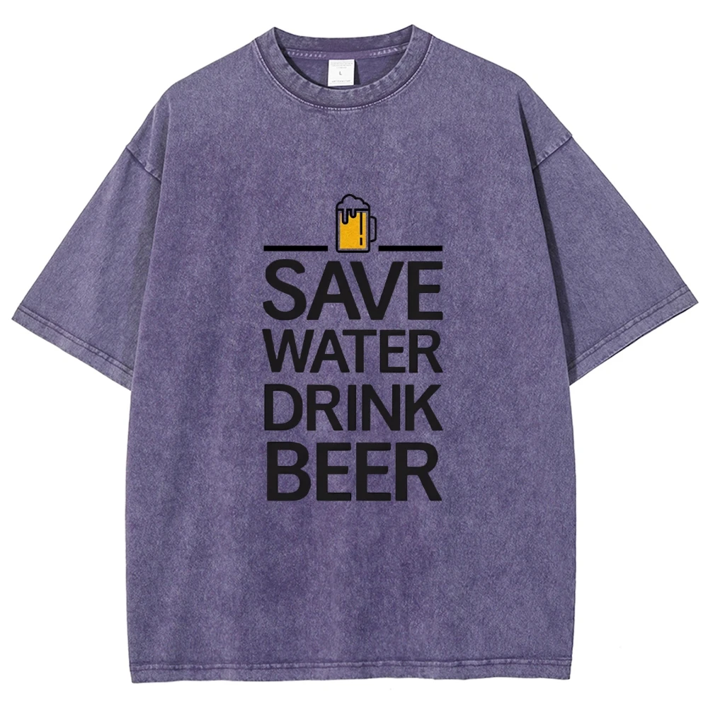 Unisex Fit Washed Tees SAVE WATER DRINK BEER Printed Women Men T-Shirt Cotton Oversized Funny Graphic Tees for Men Summer Tops