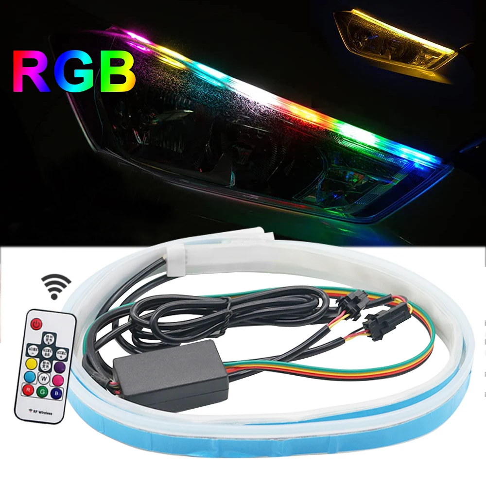 

2pcs DRL Car Daytime Running Light LED Flexible Waterproof Strip Auto Headlights Turn Signal Decorative Lamp RGB Remote Control