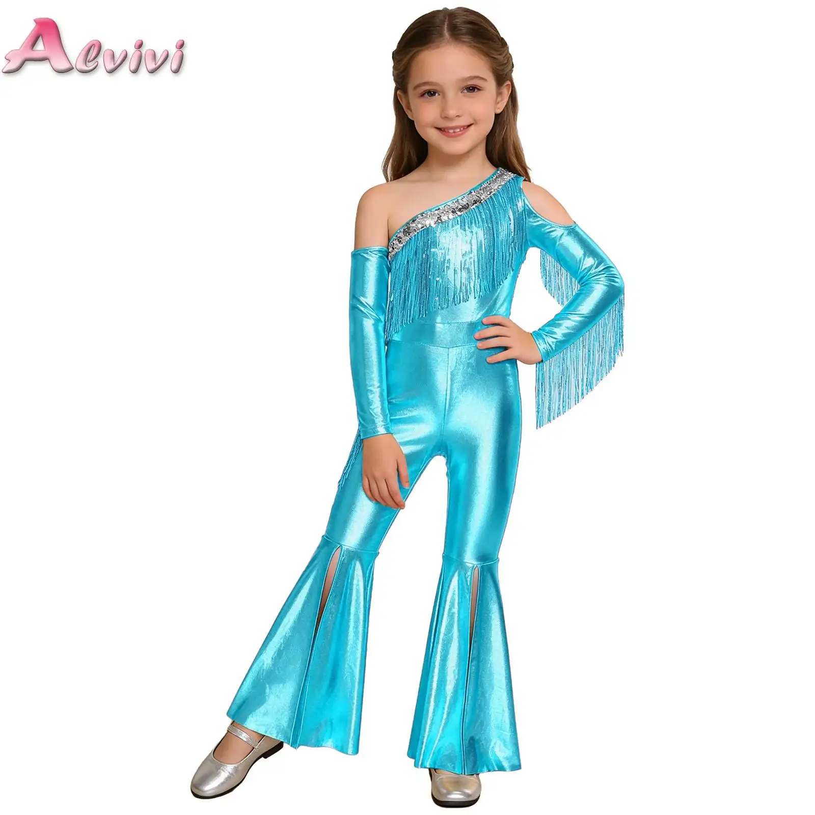 

Kids Girls Metallic Pageant Rompers Off Shoulder Long Sleeve Sequin Tassel Slit Bell Bottom Legs Jumpsuit for Disco Party Stage