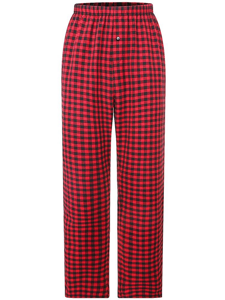 Men\'s red plaid pajama pants home loose straight with drawstring pockets fashionable can be worn outside