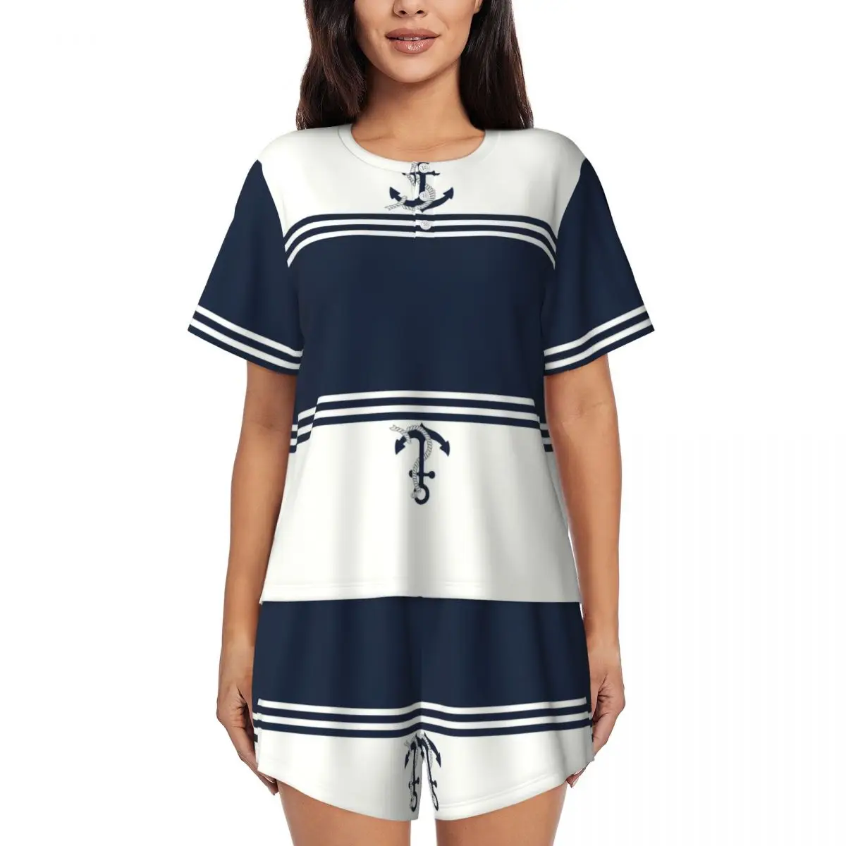 

Navy Blue Stripes Nautical Anchor Boat Pajamas Set for Women Short Sleeve Sleepwear Loungewear 2 Piece Pjs