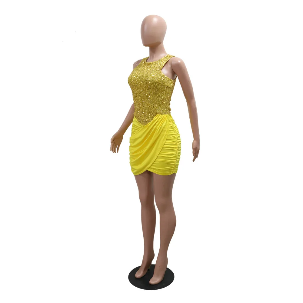 New Fashion Yellow Sequins Sleeveless O-neck Evening Vestidos Patchwork Irregular Ruched Bodycon Birthday Club Dresses for Women