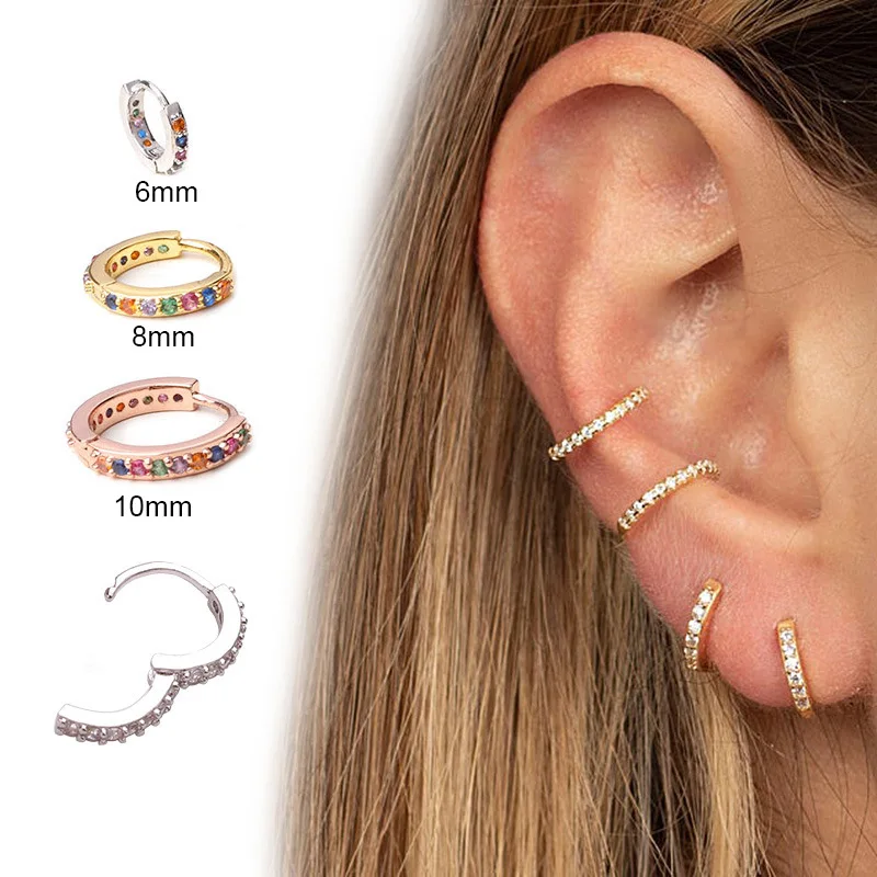 Multicolor Zircon Small Hoop Earrings Rainbow Crystal Tiny Huggies Minimal Circle Earring Piercing Accessories Hoops For Men