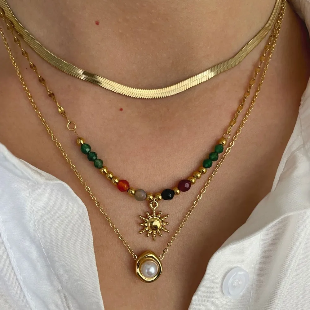 Imitation Pearl Natural Stone Sunflower Pendant Necklace Women's Stainless Steel Flat Snake Chain Stackable Jewelry image 2