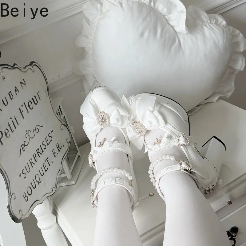 Sweet Kawaii Lolita Platform Mary Janes for Women Lace Bow Pearl Rhinestone Ankle Shoes Lady Strap Chunky High Heel Shoes