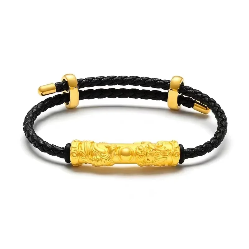 9999 real gold 24 K Dragon Phoenix Chengxiang bend pipe leather rope bracelet for men and women