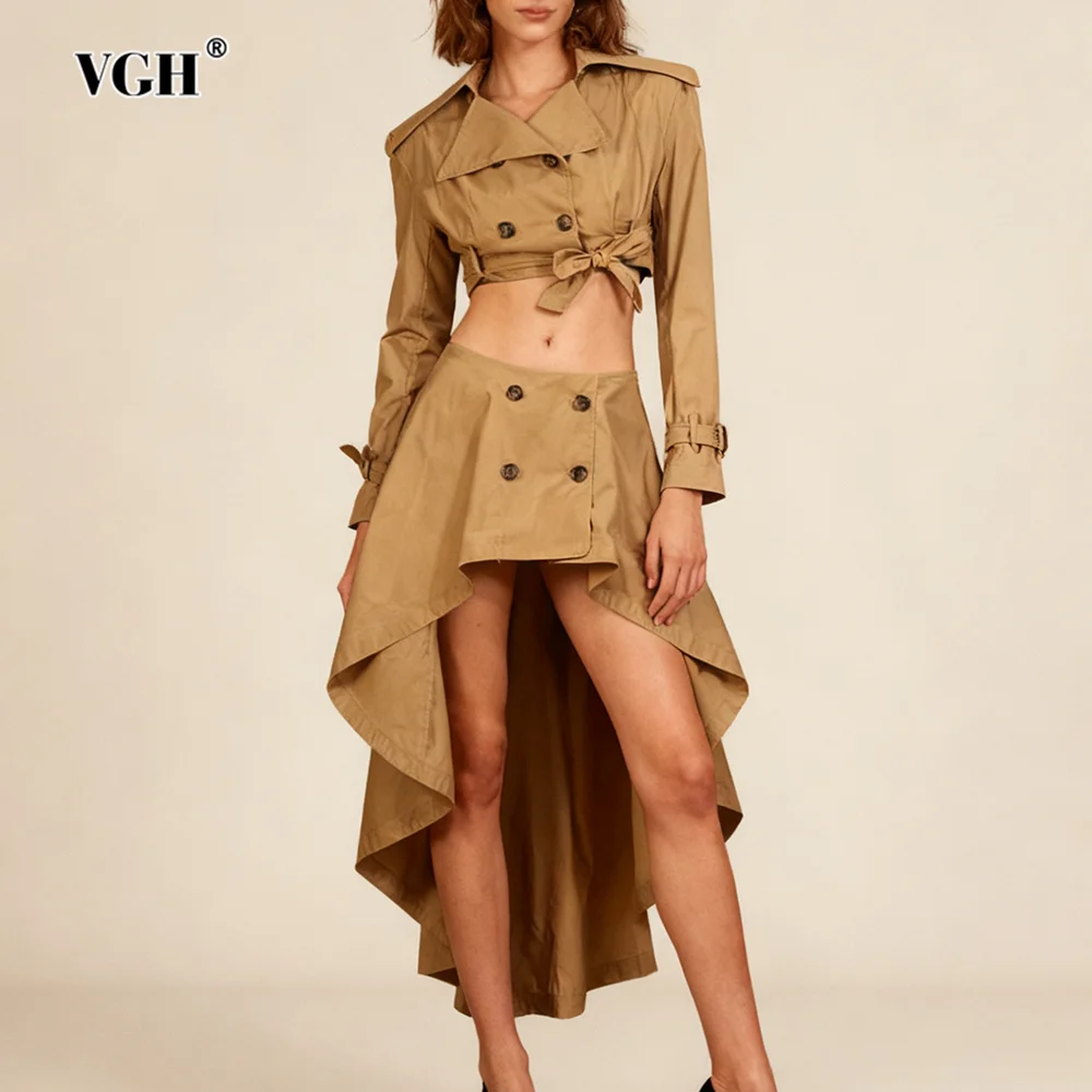 

VGH Irregular Two Piece Set for Women Lapel Long Sleeve Spliced Bandge Short Windbreaker Mid Waist Skirt Outfit Female Fashion