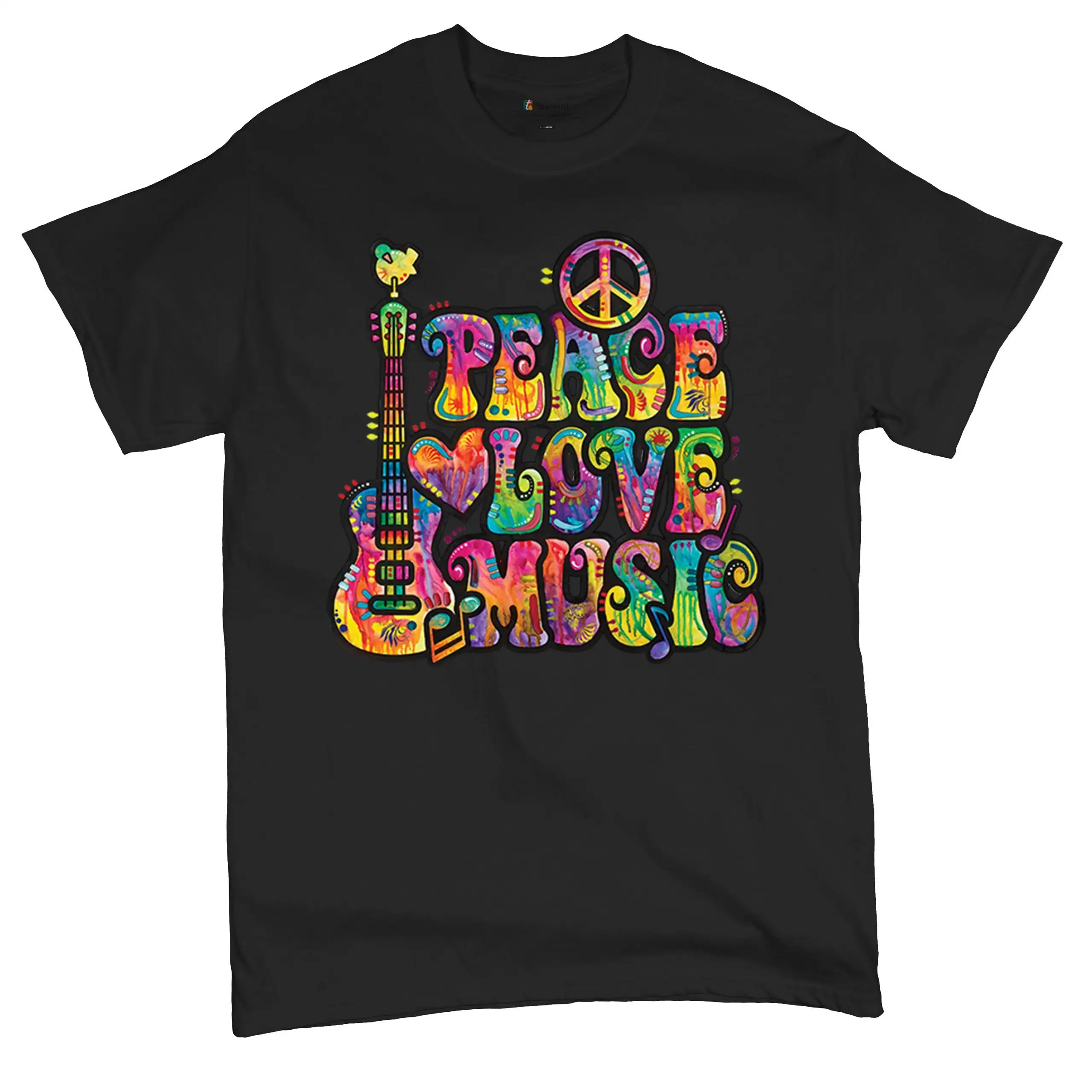 Dean Russo Peace Love Music Guitar Happy Good Vibe T shirt Colorful Neon Pattern Art Festival Party Camping Fun Men's