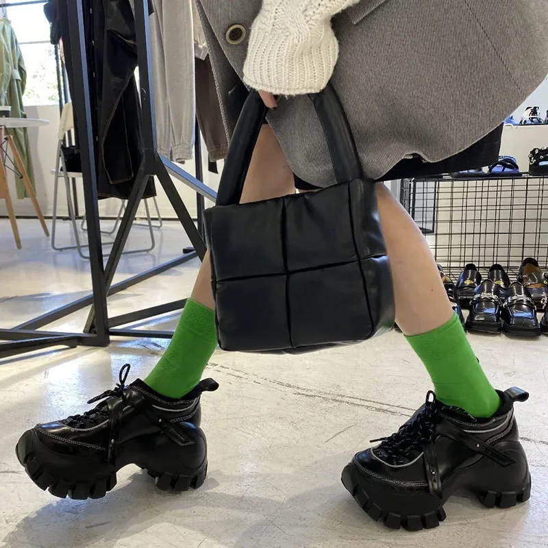 2026 New Women Hip Hop Streetwear Platform Dad Shoes, Reflective Lace Up Round Toe Chunky Thick Sole Height Increasing Sneakers