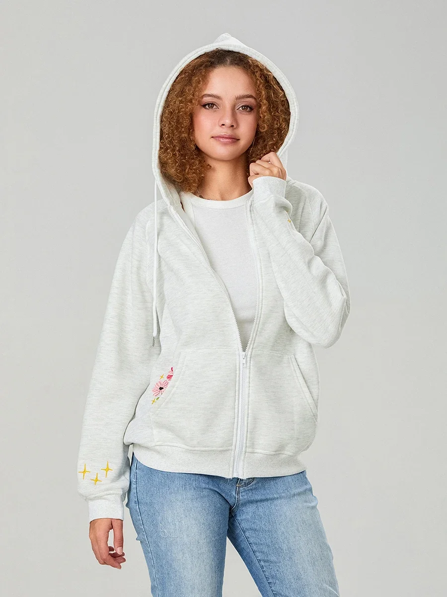 Women's Floral Embroidery Hoodie Fall Winter Long Sleeve Kangaroo Pocket Raglan Casual Zip Up Sweatshirt 2000s Streewear