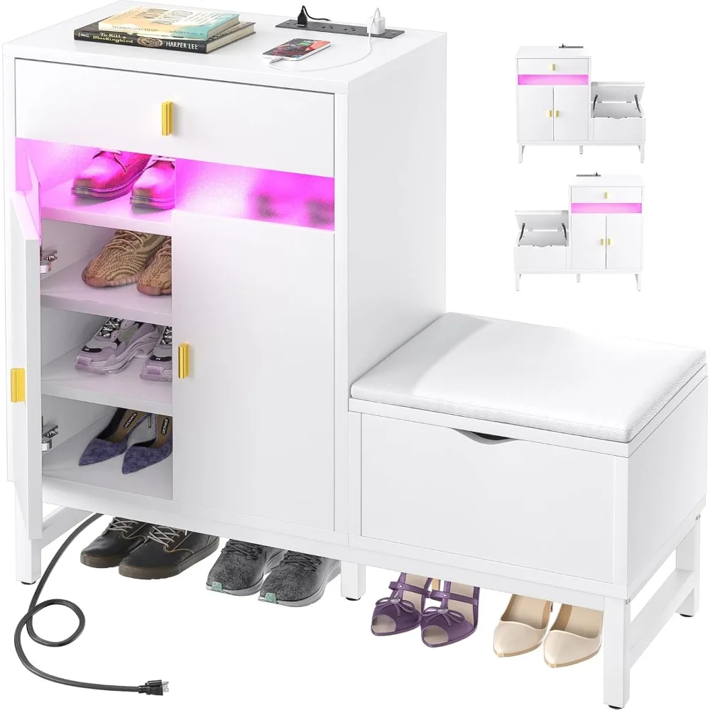 Shoe Cabinet Storage for Entryway - Freestanding Shoe Rack Bench with LED Lights & Power Outlets, Reversible Shoe Storage Cabin