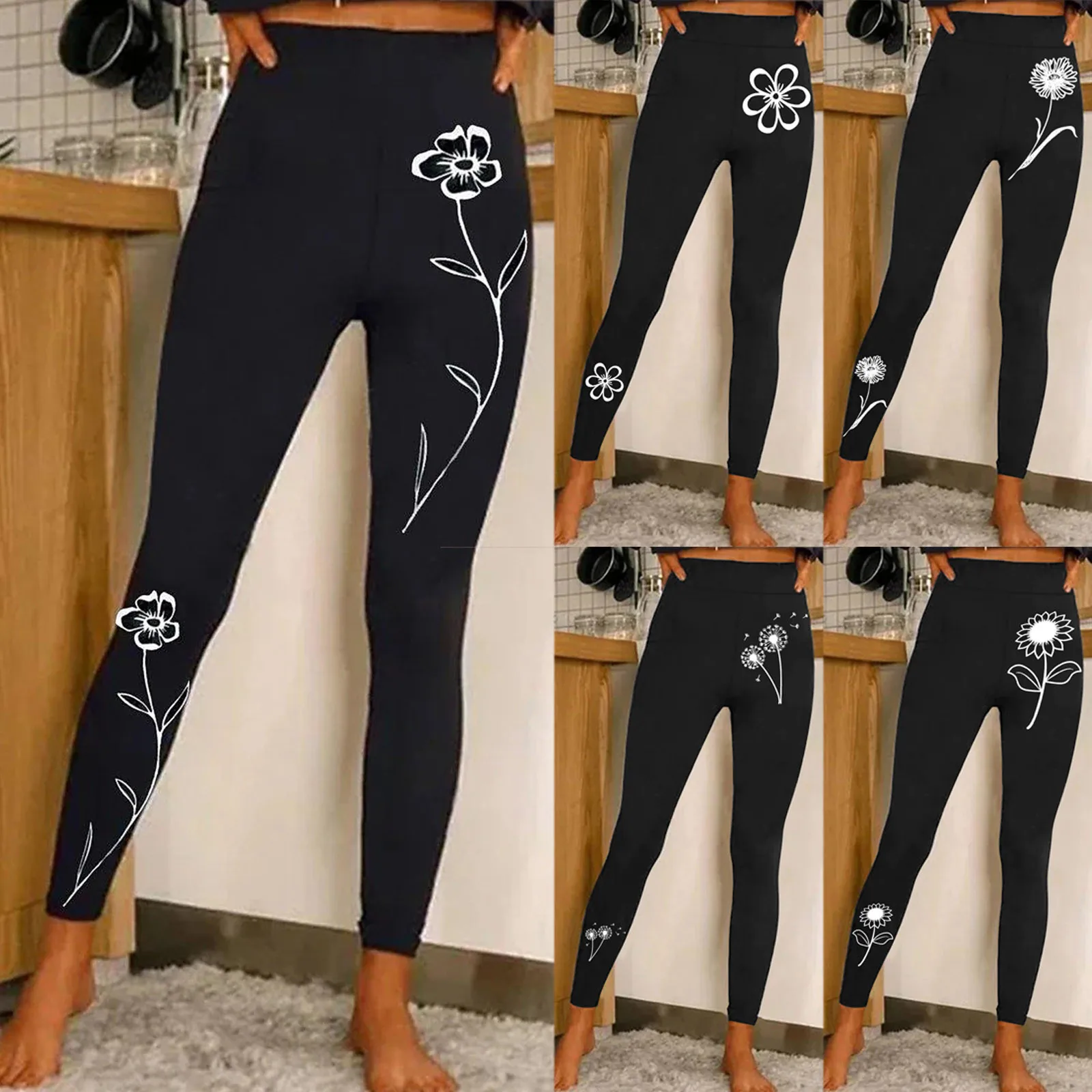 Women Casual Fashion Tight Sports Yoga Pants Flower Print Leggings Jogging Pants For Women Pocket Pants