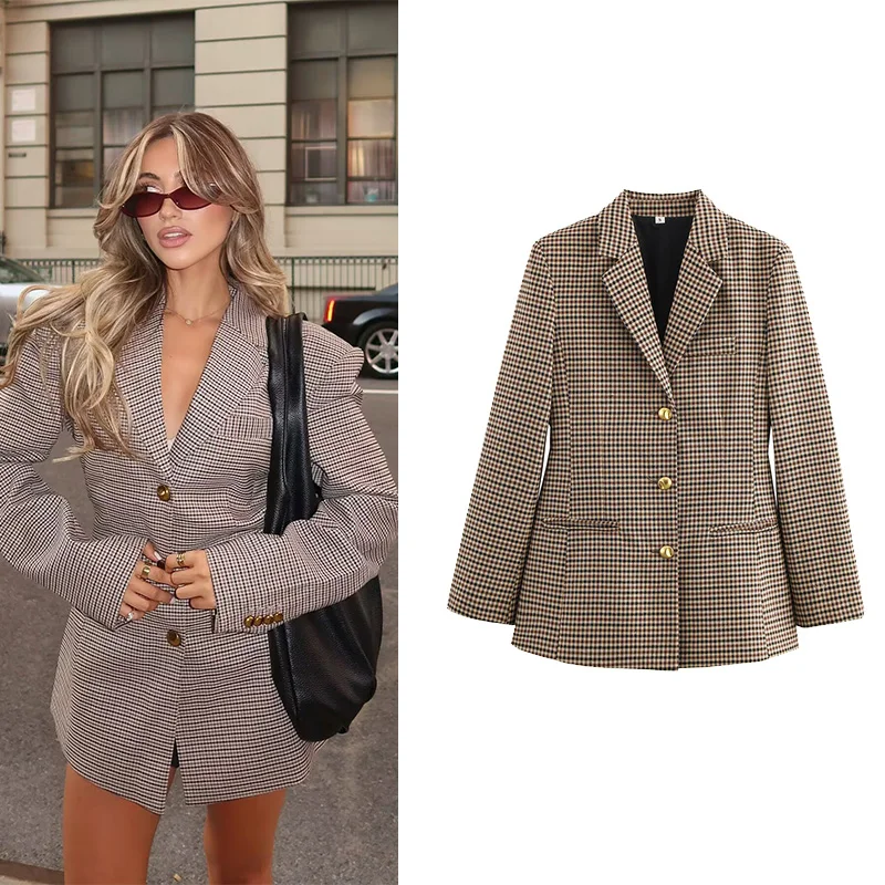 

NERHEFZ женский клетчатый пиджак модный с длинным рукавом с отложным воротником и карманами винтажная женская верхняя одежда шикарные пальто женские топы
