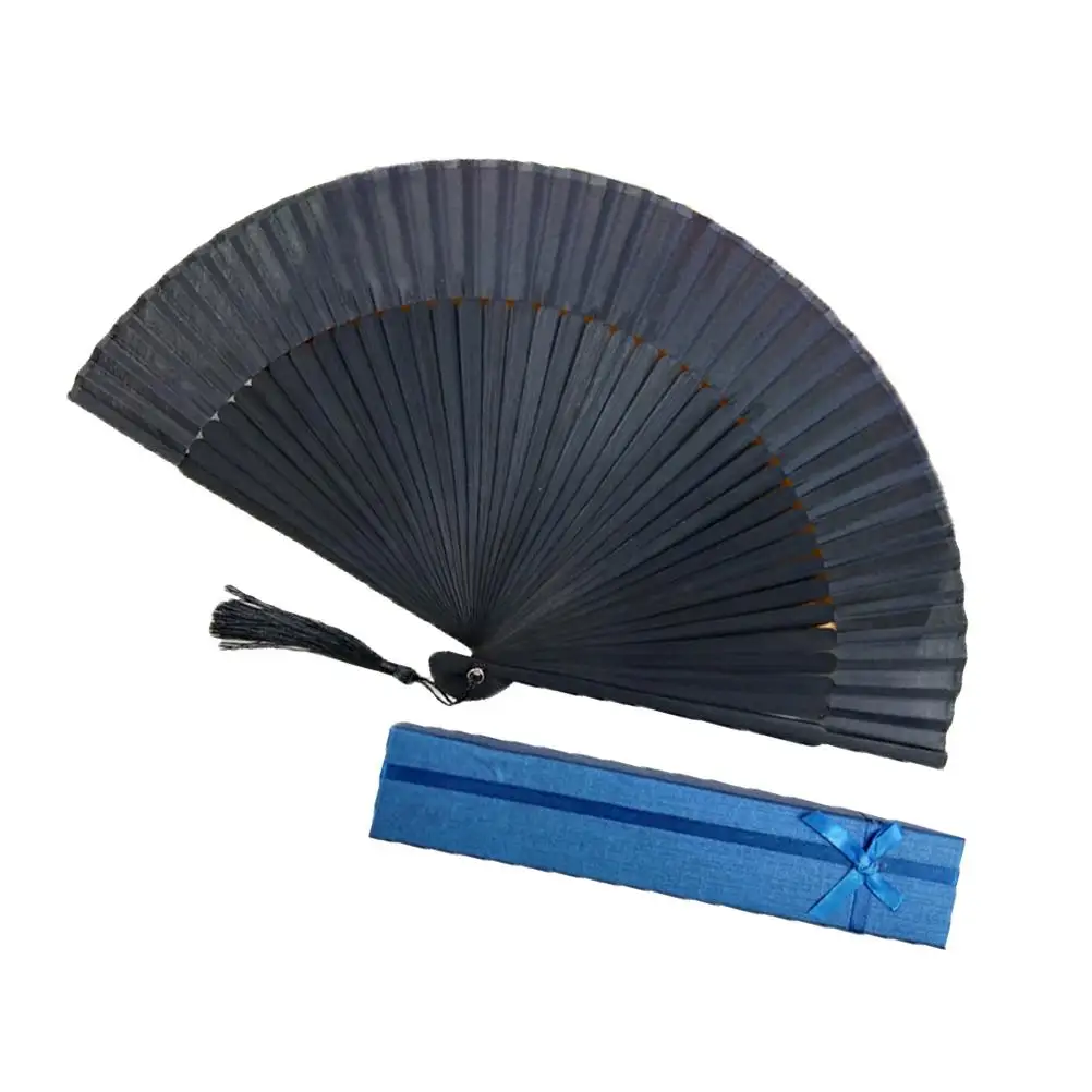 

Men Black Foldable Fan Black Bamboo Bone Handheld Fabric Fan Chinese Style Folding Fan (Fan + Blue Storage Paper Box)