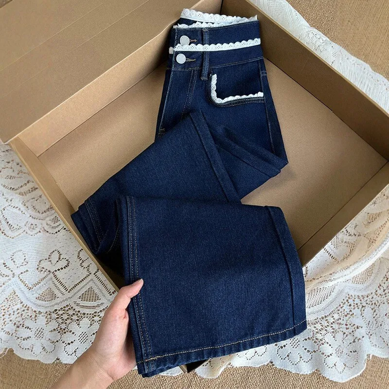 

Стильные прямые джинсовые брюки с кружевным акцентом для женщин больших размеров, осенне-зимние свободные широкие брюки с высокой посадкой