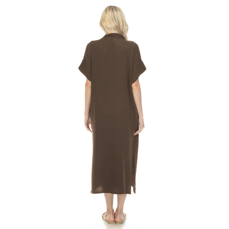 100% camada dupla crepe algodão solto conforto vestido feminino cor sólida verão manga curta com decote em v vestidos divididos de mujer