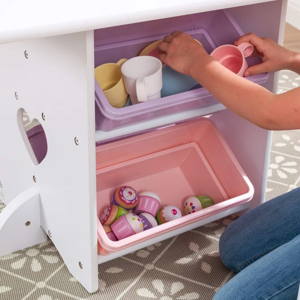 Juego de mesa y silla de corazón de madera con 4 contenedores de almacenamiento, muebles para niños, rosa, morado y blanco, regalo para edades de 3-8 años