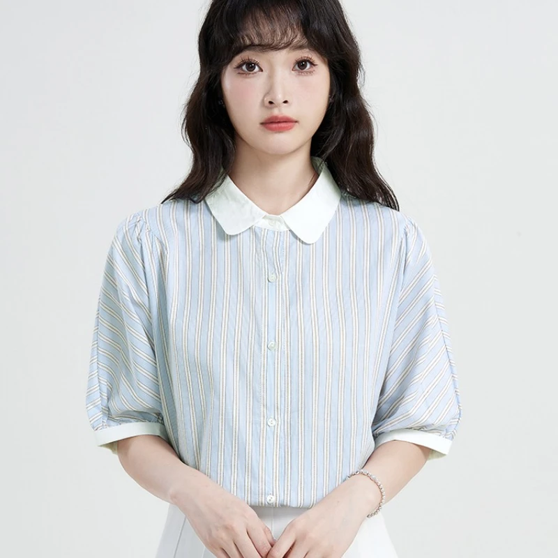 Chemisiers Vintage pour femmes, chemises rayées, mode, vêtements d'été amples, manches courtes, col rabattu coréen, hauts pour femmes
