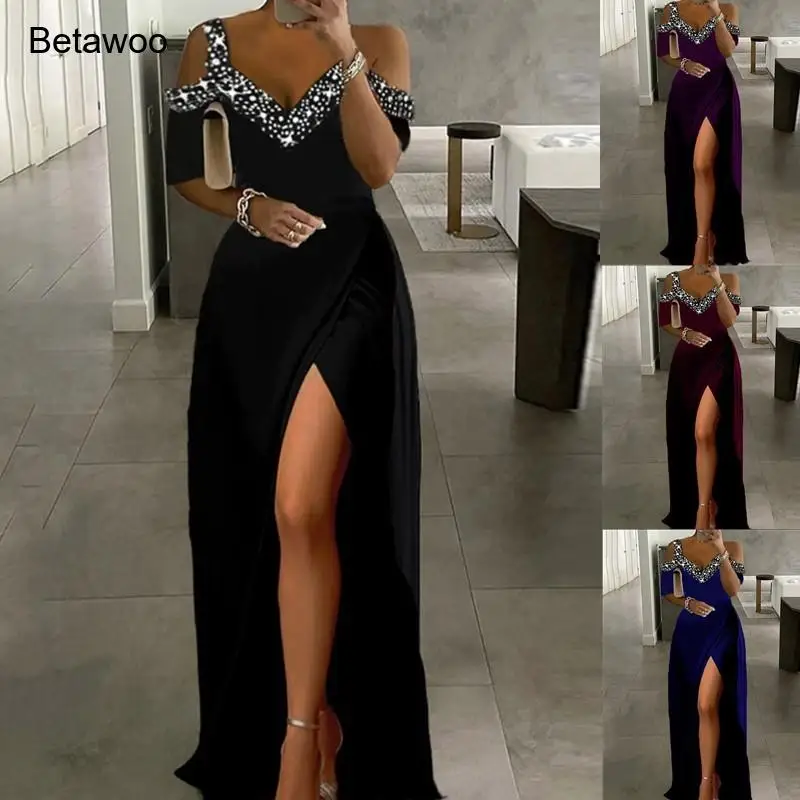 Betawoo Damen-Maxikleid mit Strass-Print, V-Ausschnitt, schulterfrei, geschlitzt, elegantes formelles Abendkleid