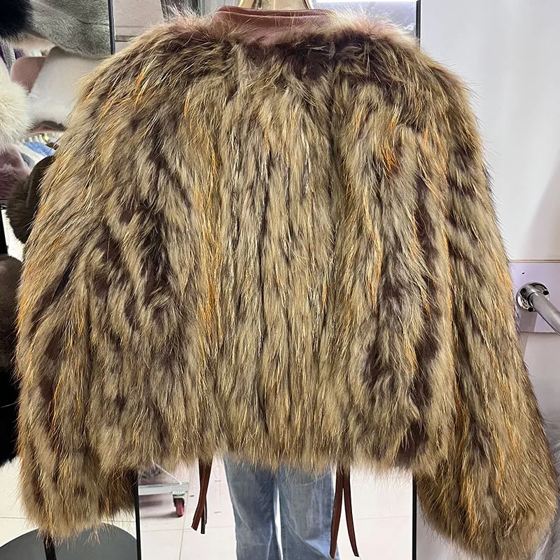 2025 New Fashion Women Real Natural Raccoon Fur Strip Sewed Toghter Coat Winter Thick Warm Long Sleeves Luxury Outerwear Jackets