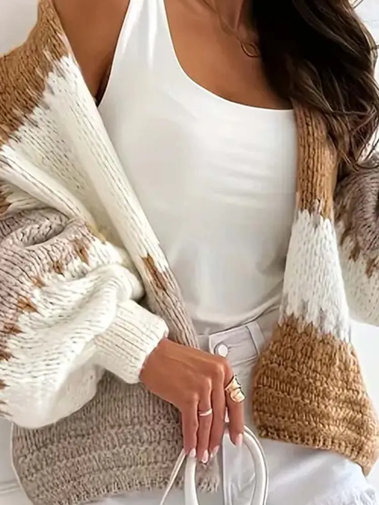 

Autumn Winter Thick Warm Knitted Cardigan Women Casual V-neck Lantern Sleeve Sweater Fashion High Street Color Blocked Sweater