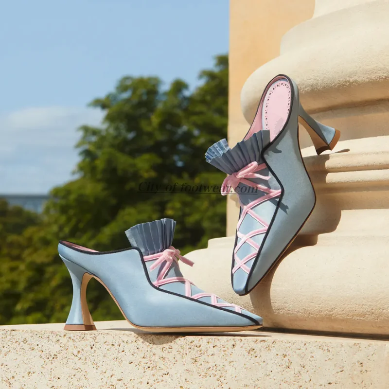 

2026 New in Baby blue/pink Women's lace up bow mules silk high heels luxury designer party elegant shoes