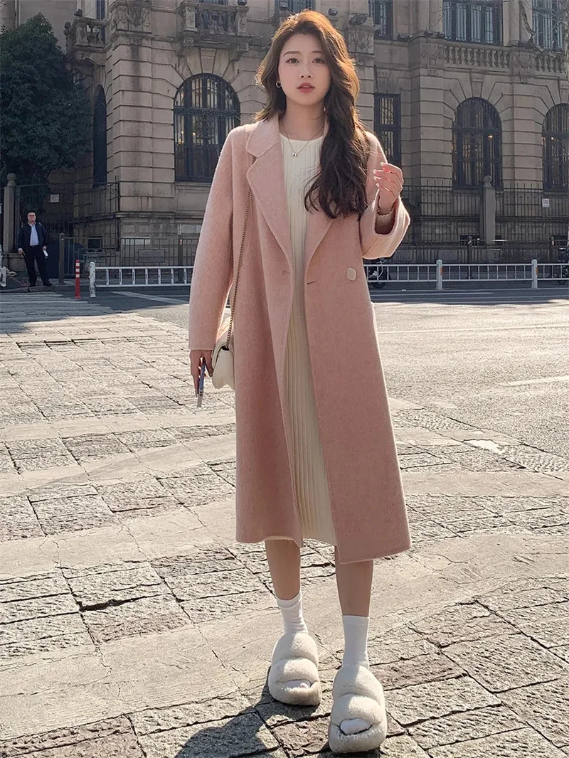 Anti season clearance pink wool woolen coat for women 2023 Spring and Autumn Korean version loose medium long woolen coat