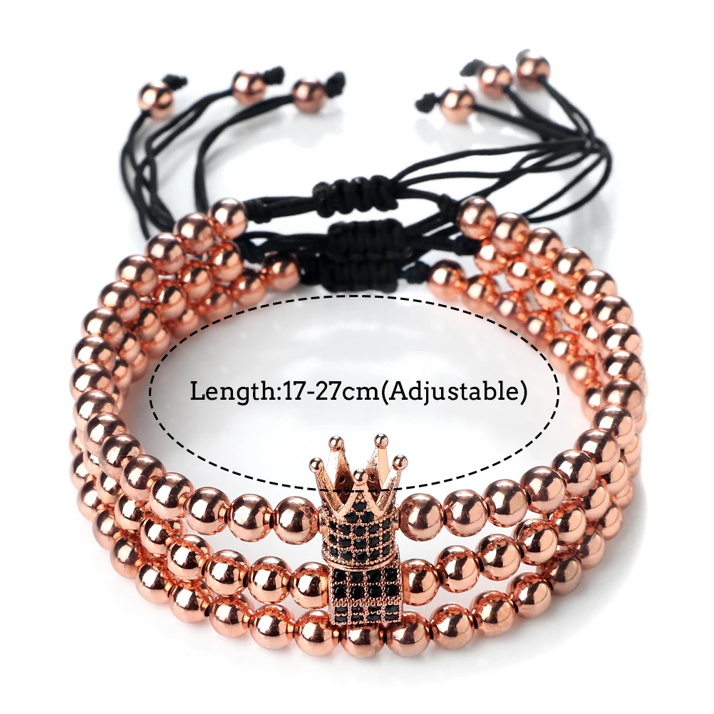 3Pcs/Set Copper Bead Bracelet Women Men Crown Pendant Couple Bangles Chain Friendship Pulsera Jewelry Gift