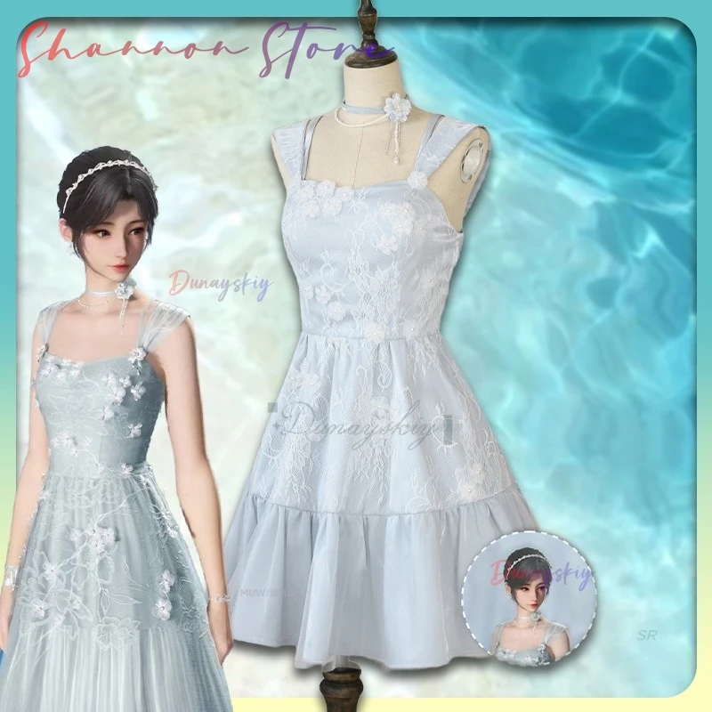 

Костюм для косплея героини, синее платье, головной убор, ожерелье, серьги, полный комплект, игра «Любовь и глубокий косплей» для карнавального костюма на Хэллоуин