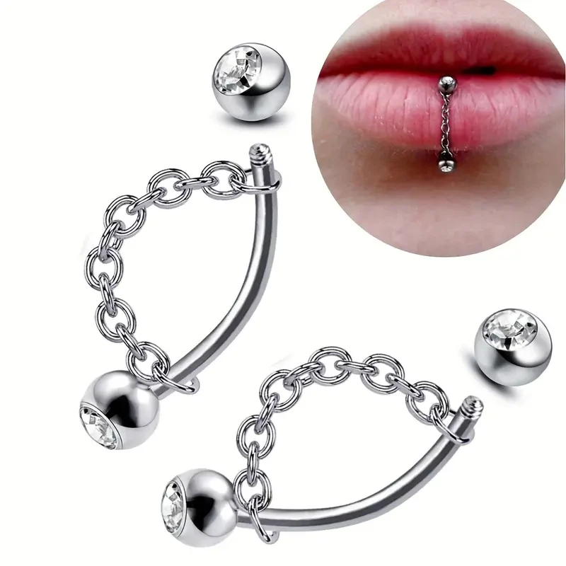 2pcs Set Elegant Stainless Steel Lip & Eyebrow Rings with Rhinestone Chain Design for Daily Wear Piercing Jewelry 6/8/10/12mm