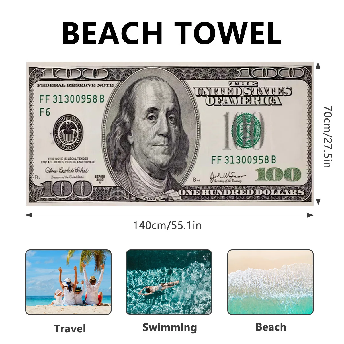 100 Dollar Bill Print Beach Towel, Soft Microfiber Money Pattern Swim Towel, Quick Dry Large Bath Towel for Beach Pool Travel