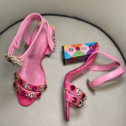 Retro Pink Crystal Square Heeled Sandals Round Open Toe Rhinestone Buckle Straps Pumps 2025 New Women Fashion Dress Shoes 10CM
