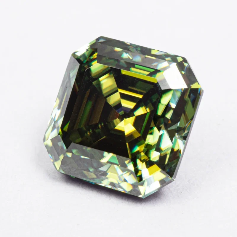 Moissanit-Stein, Asscher-Schliff, gelb-grüne Farbe, VVS1, Ring, Halskette, Hauptmaterialien, bestandenem Diamanttester mit Zertifikat – Detail 3