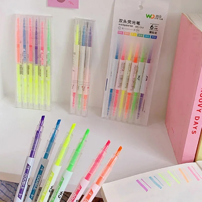 3/6Pcs Set Dual Tip Highlighter Pens, Fluorescent Marker, Double Head Drawing Pen for Note School Office Stationery Supplies
