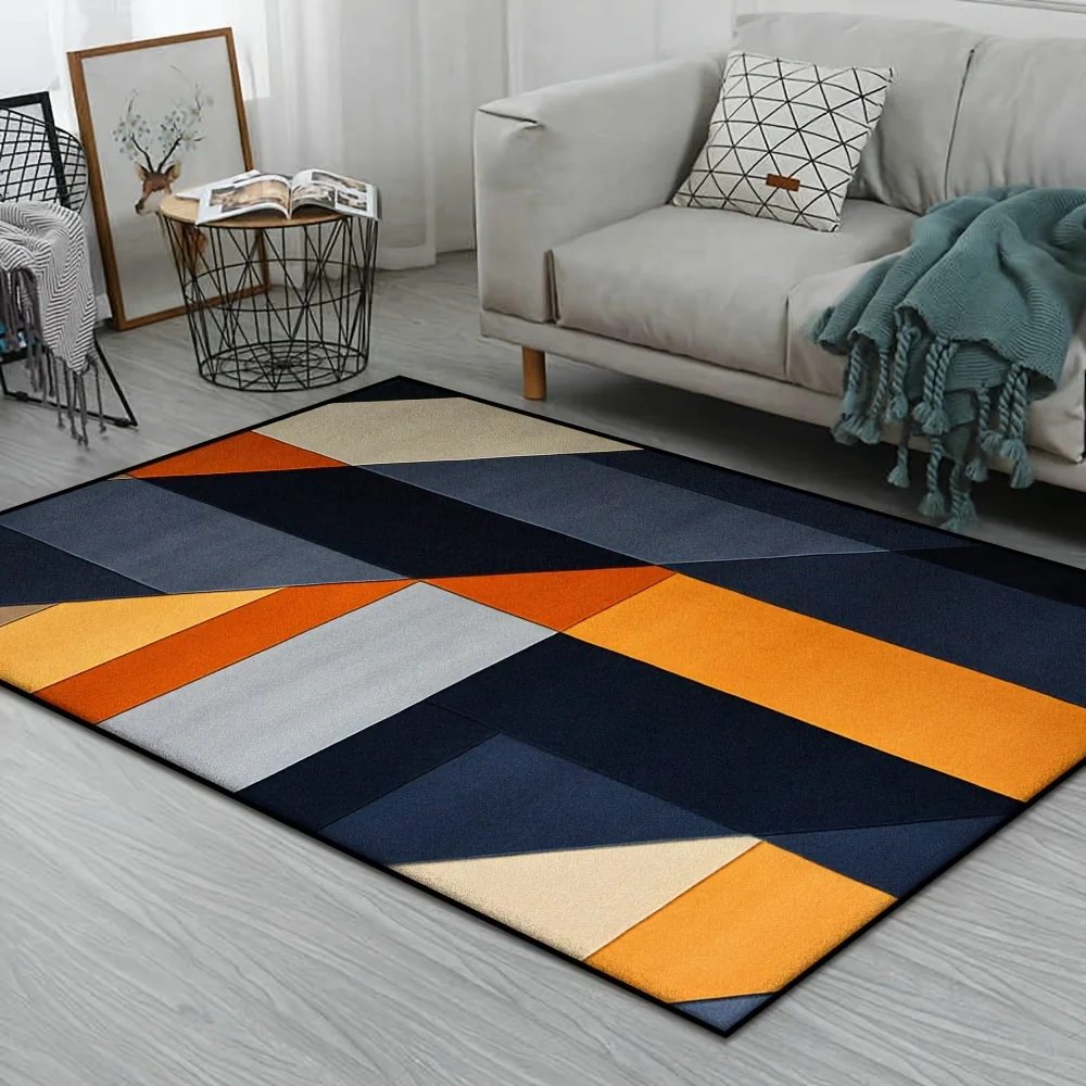 Modern Abstract Navy Blue Orange Geometric Area Rug Colorful Triangle Patchwork Living Room Decor Floor Mat