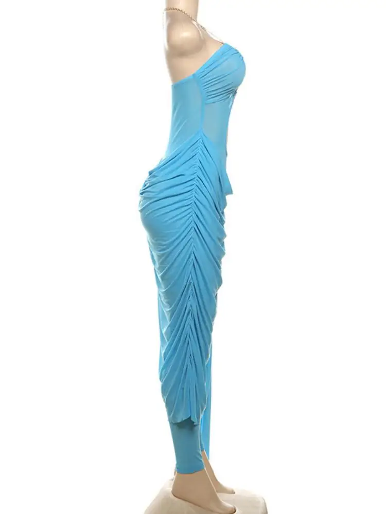 2025年夏新作　セクシーなカットアウトネックライン　スリム効果のある無地プリーツバックレスジャンプスーツドレス