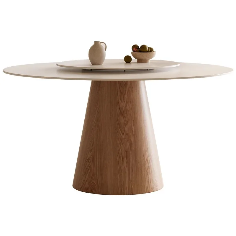 

Cream wind solid wood rock slab round dining table, pure white with turntable modern simple household log