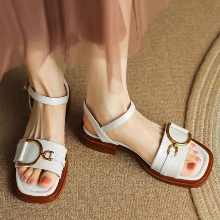 Sandal Modis Retro Sepatu Hak Rendah Gesper Ujung Terbuka Tipis Musim Panas Wanita