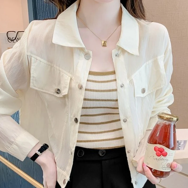 spring autumn new Solid color shirt women High street Turn-down Collar Long Sleeve Pockets Cardigan Korean style elegant tops