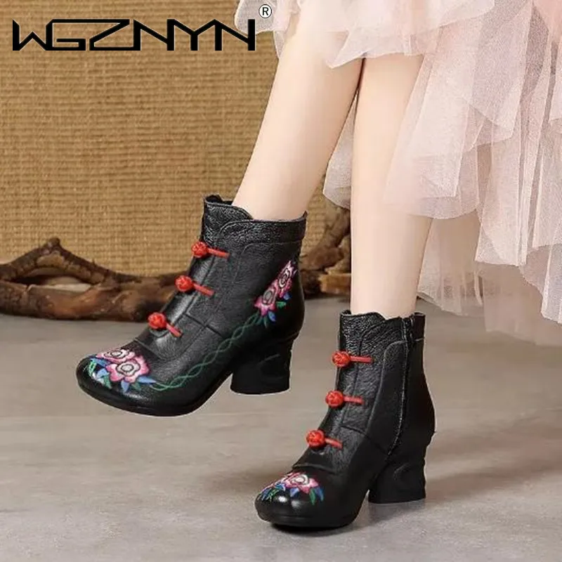 Floral Ankle Boots For Women Autumn Winter Genuine Leather Women\'s Boots Retro Handmade Comforable Shoes High Heels Botas Mujer