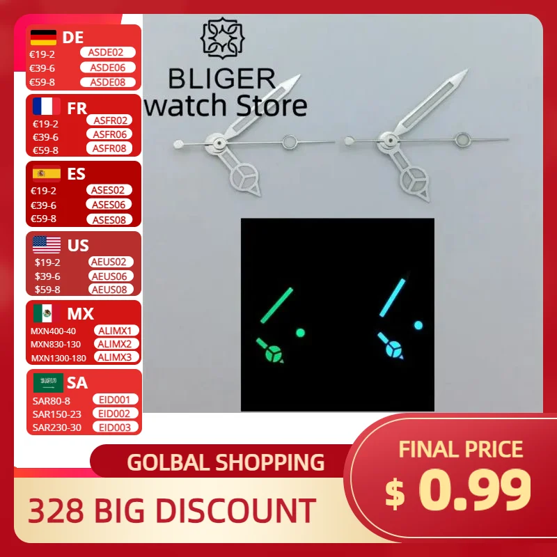 BLIGER watch hands green/blue luminous hands fit ETA 2836 2824 Miyota 8205 8215 821A Mingzhu DG 2813 3804 NH35 NH36 movement