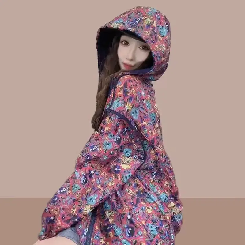 Harajuku Vintage Print Long Sleeve Hooded Jacket Women Sweatshirt Summer Jacket Beach Outdoor Sun Protection Clothes Coats New