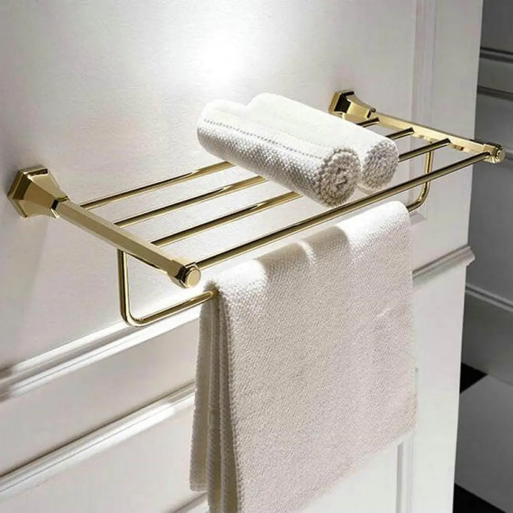 

Golden Brass Geometric Bathroom Hardware Set Towel Shelf Soap Dispenser Toilet Brush Towel Bar, Customized