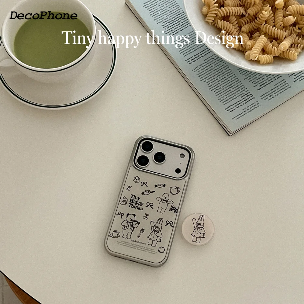 Ins-Style Bär und Hase Silber&Schwarz Rand Epoxy Handyhülle TPU Sturzsicher für iPhone XR/11/12/13/14/15/16/17 Pro Max